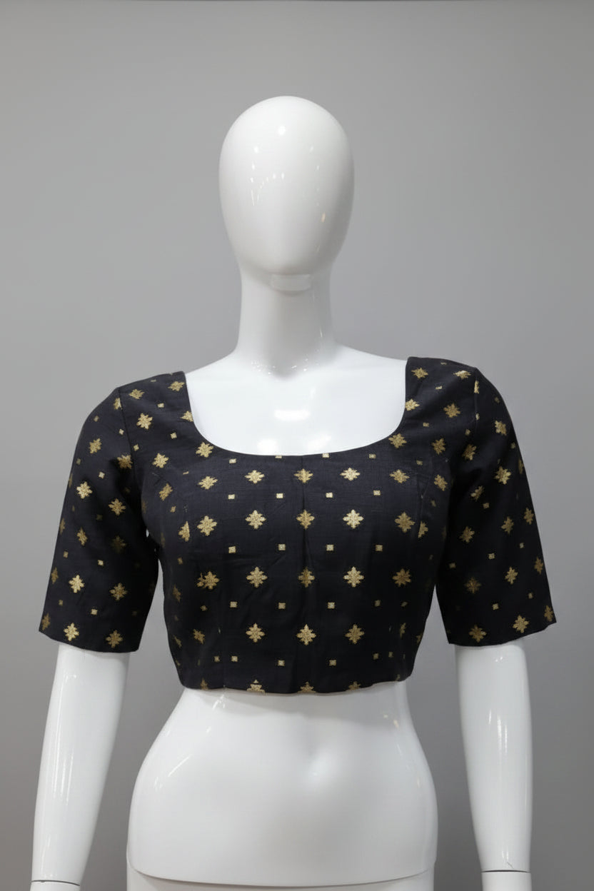 Midnight Black Brocade Readymade Blouse with Gold Floral Booti Work
