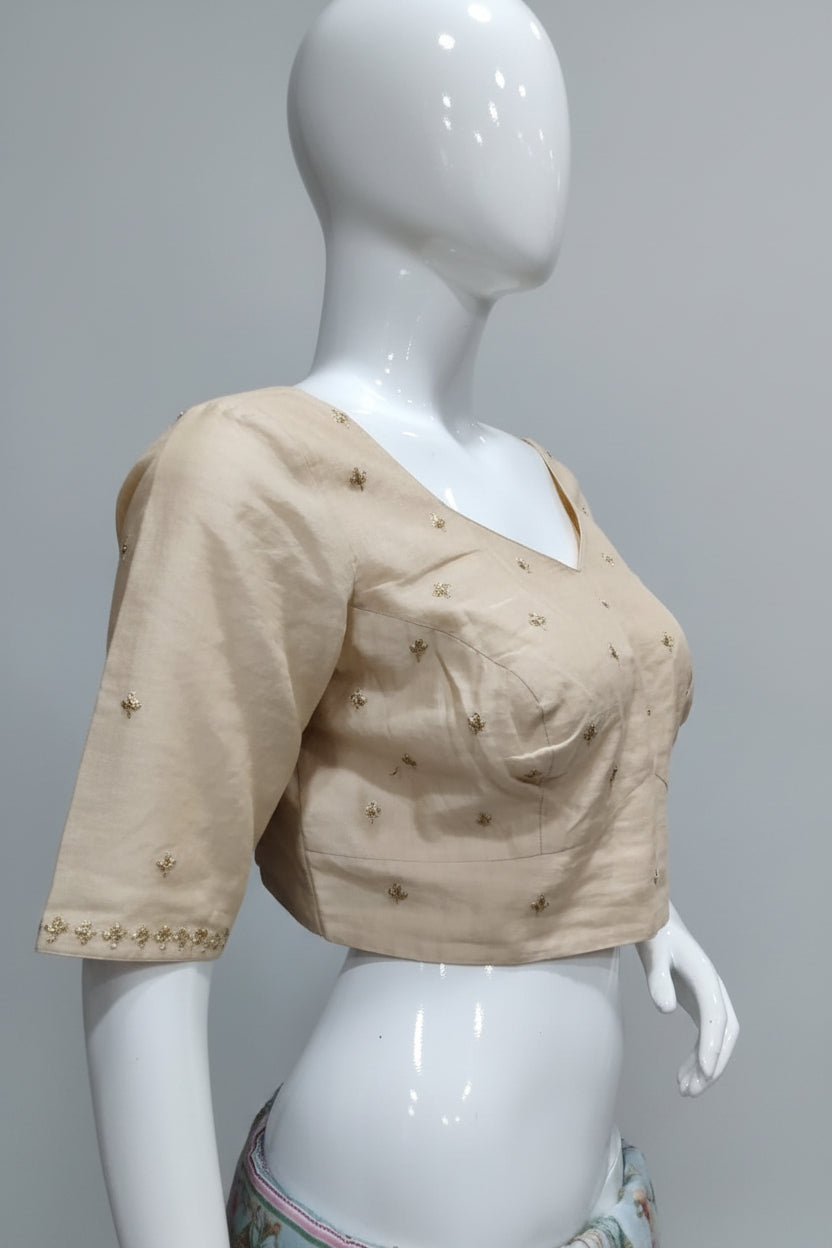 Beige Diamond Tissue Silk Readymade Blouse with Embroidered Booti & Vine Border