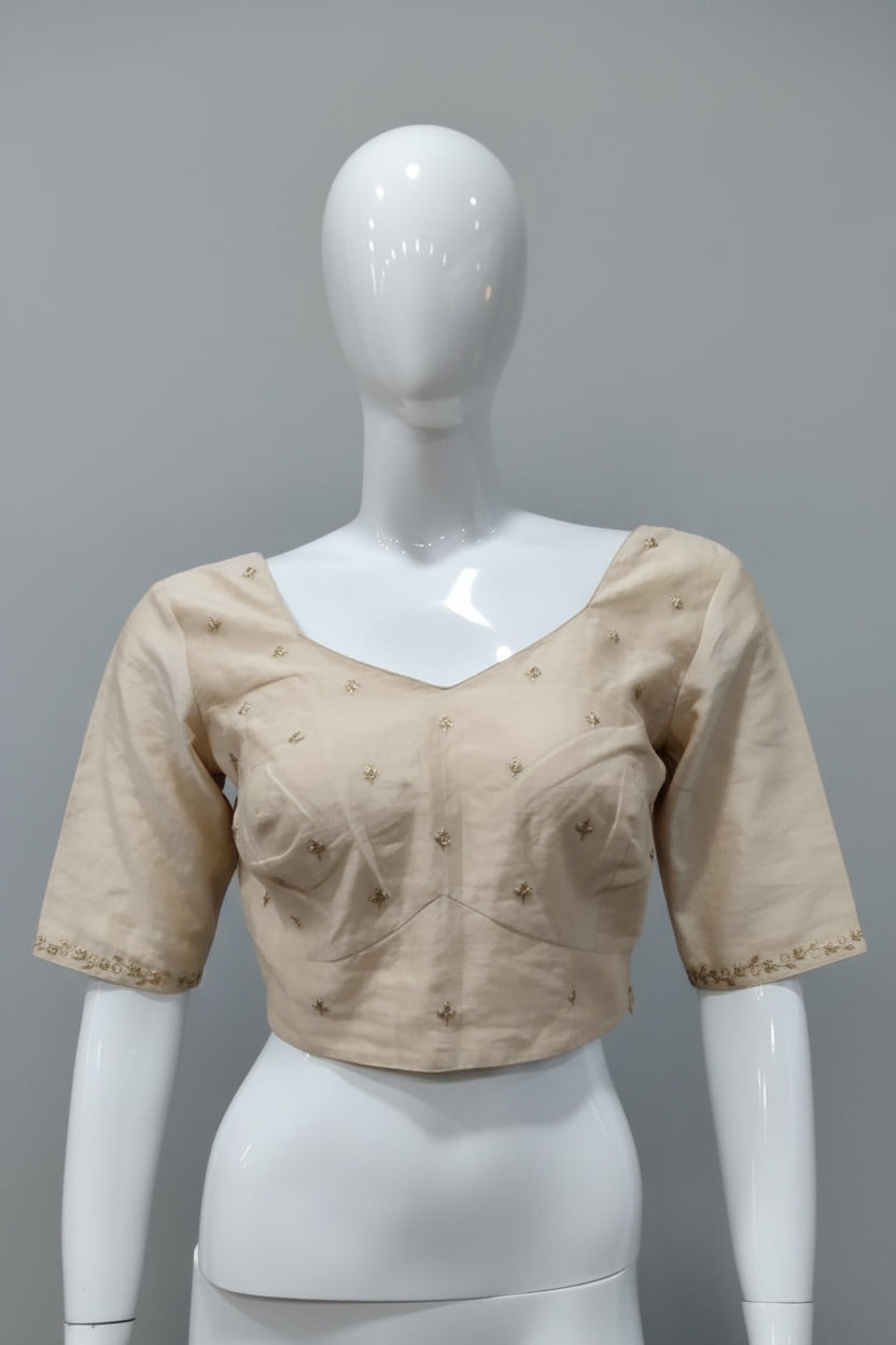 Beige Diamond Tissue Silk Readymade Blouse with Embroidered Booti & Vine Border