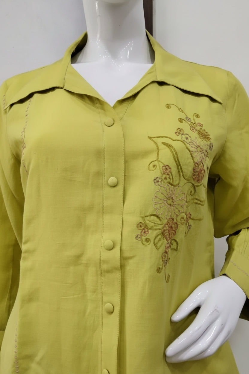 Chartreuse Linen Cotton Hand-Embroidered Co-Ord Set