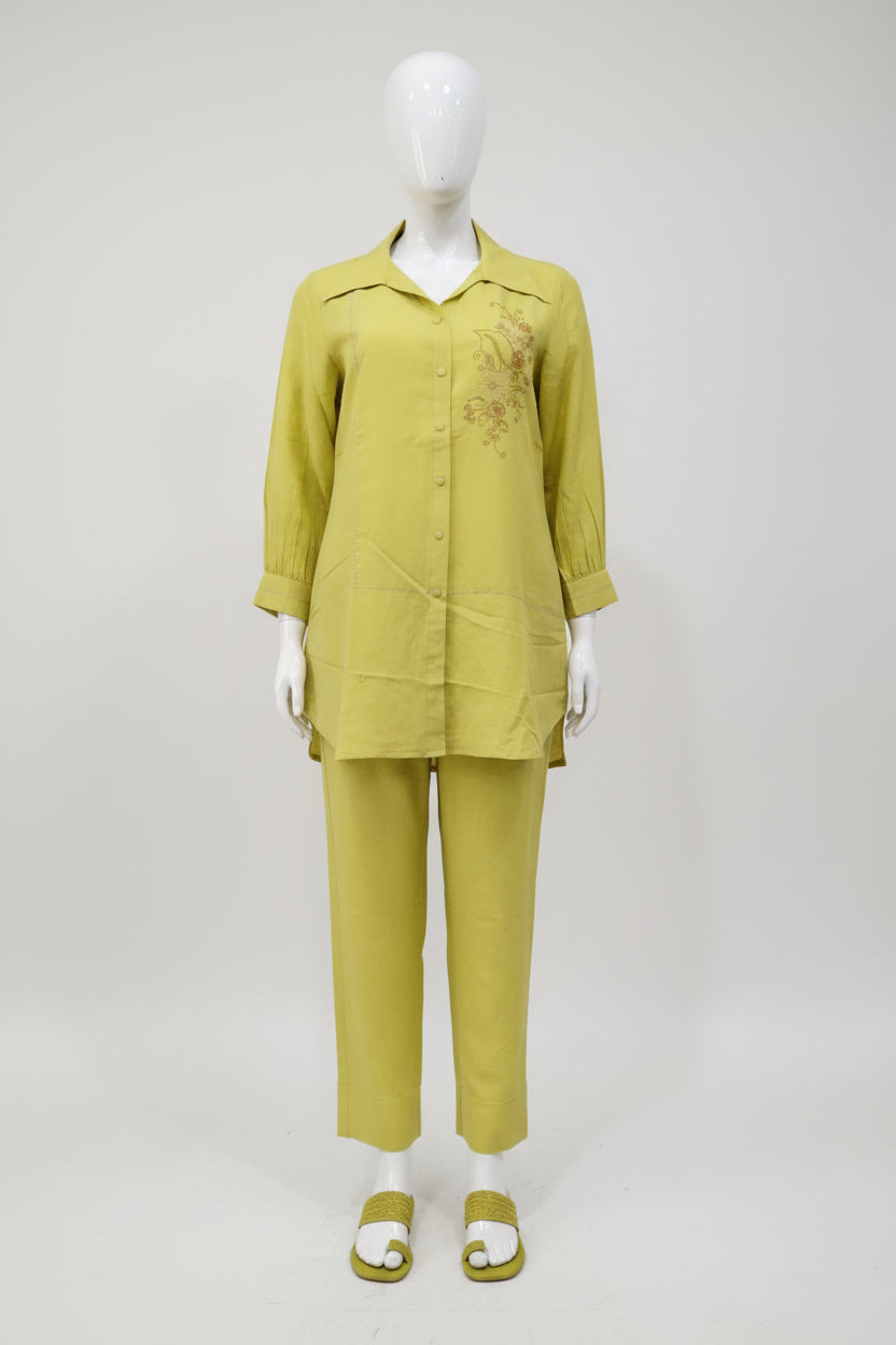 Chartreuse Linen Cotton Hand-Embroidered Co-Ord Set