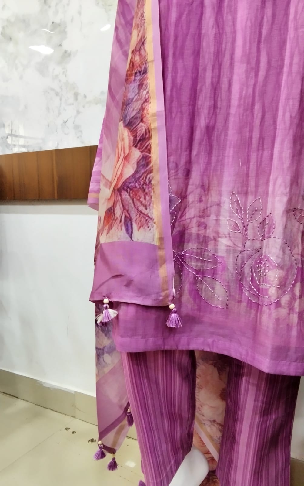 Mauve Purple Hand-Embroidered Kurta Set with Floral Dupatta