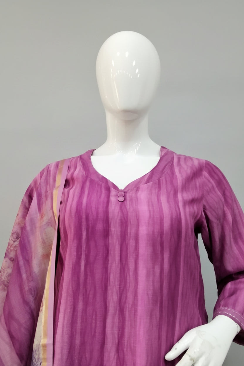 Mauve Purple Hand-Embroidered Kurta Set with Floral Dupatta
