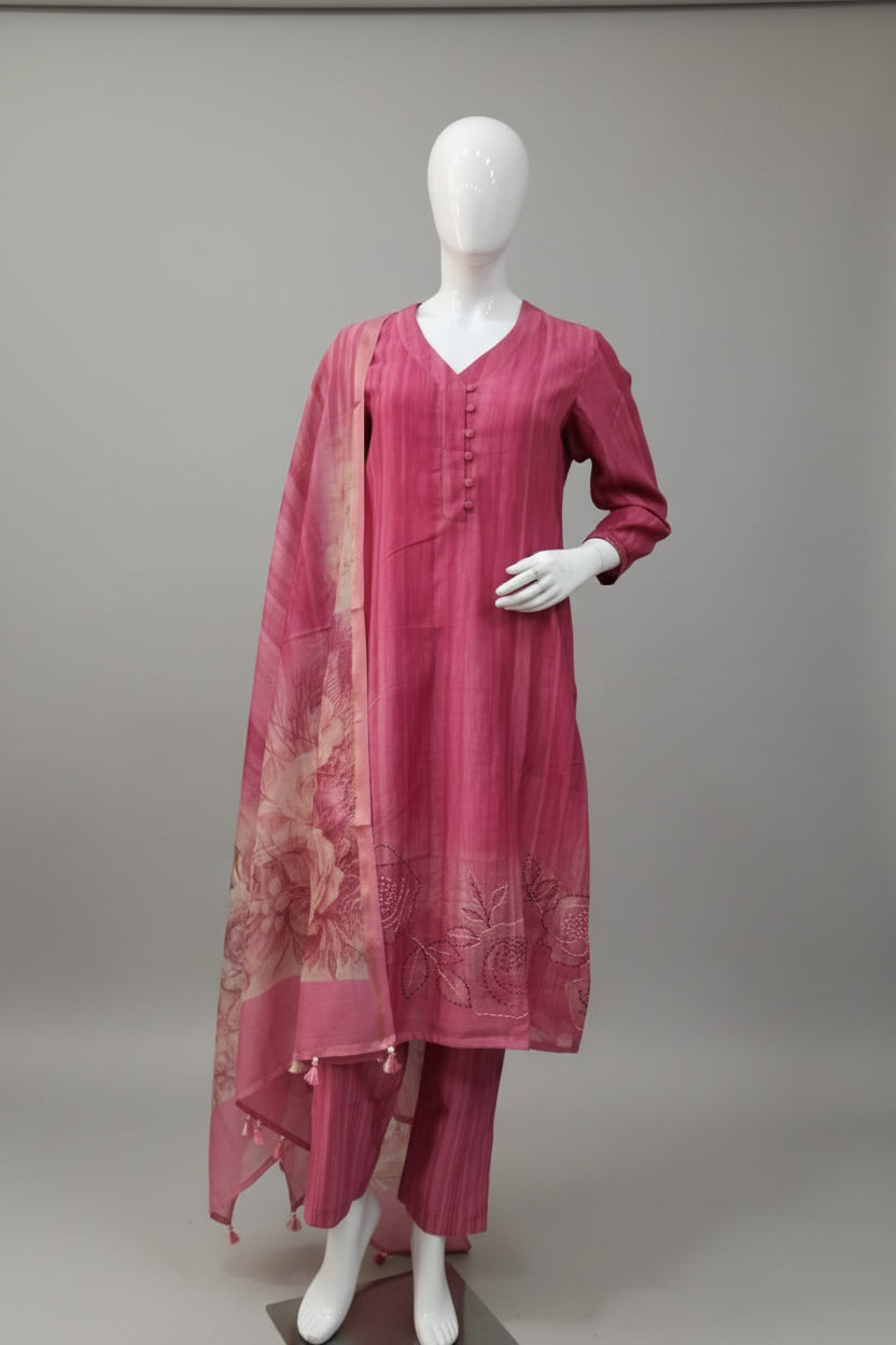 Rani Pink Hand-Embroidered Kurta Set with Floral Dupatta