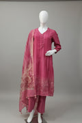 Rani Pink Hand-Embroidered Kurta Set with Floral Dupatta