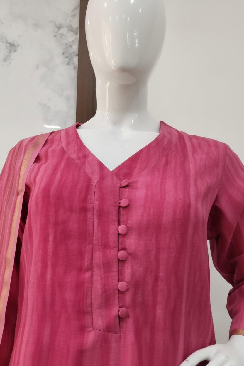 Rani Pink Hand-Embroidered Kurta Set with Floral Dupatta