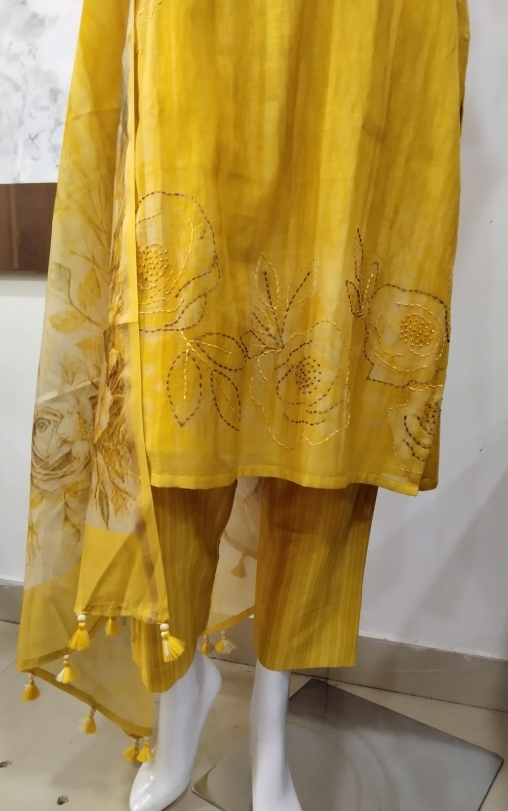 Sunshine Yellow Hand-Embroidered Kurta Set with Floral Dupatta