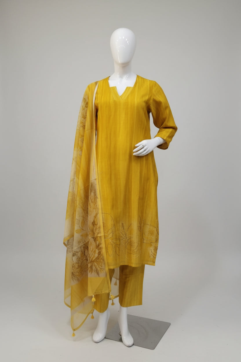 Sunshine Yellow Hand-Embroidered Kurta Set with Floral Dupatta