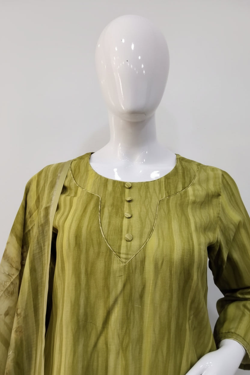Olive Green Hand-Embroidered Kurta Set with Floral Dupatta