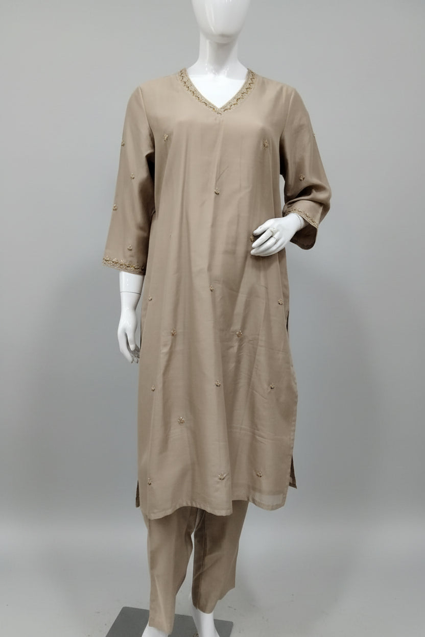 Taupe Elegance Pure Cotton Silk Suit Set