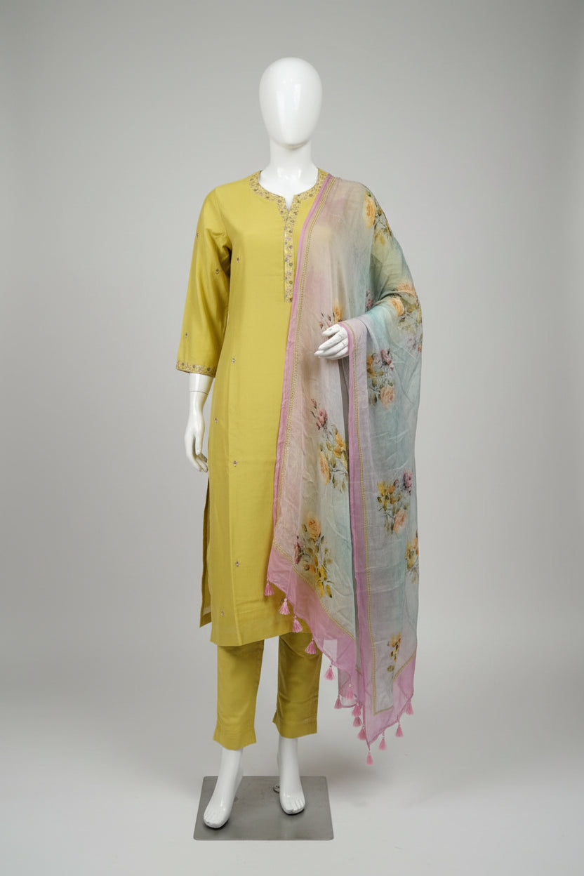 Chartreuse Bloom Pure Cotton Silk Suit Set