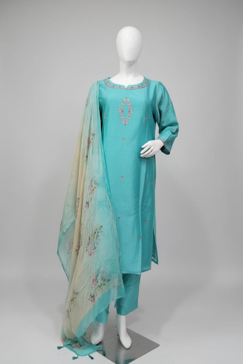 Azure Serenity Pure Cotton Silk Suit Set