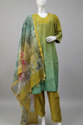 Olive & Sage Green Textured Silk-Blend Kurta Set with Floral Printed Organza Dupatta