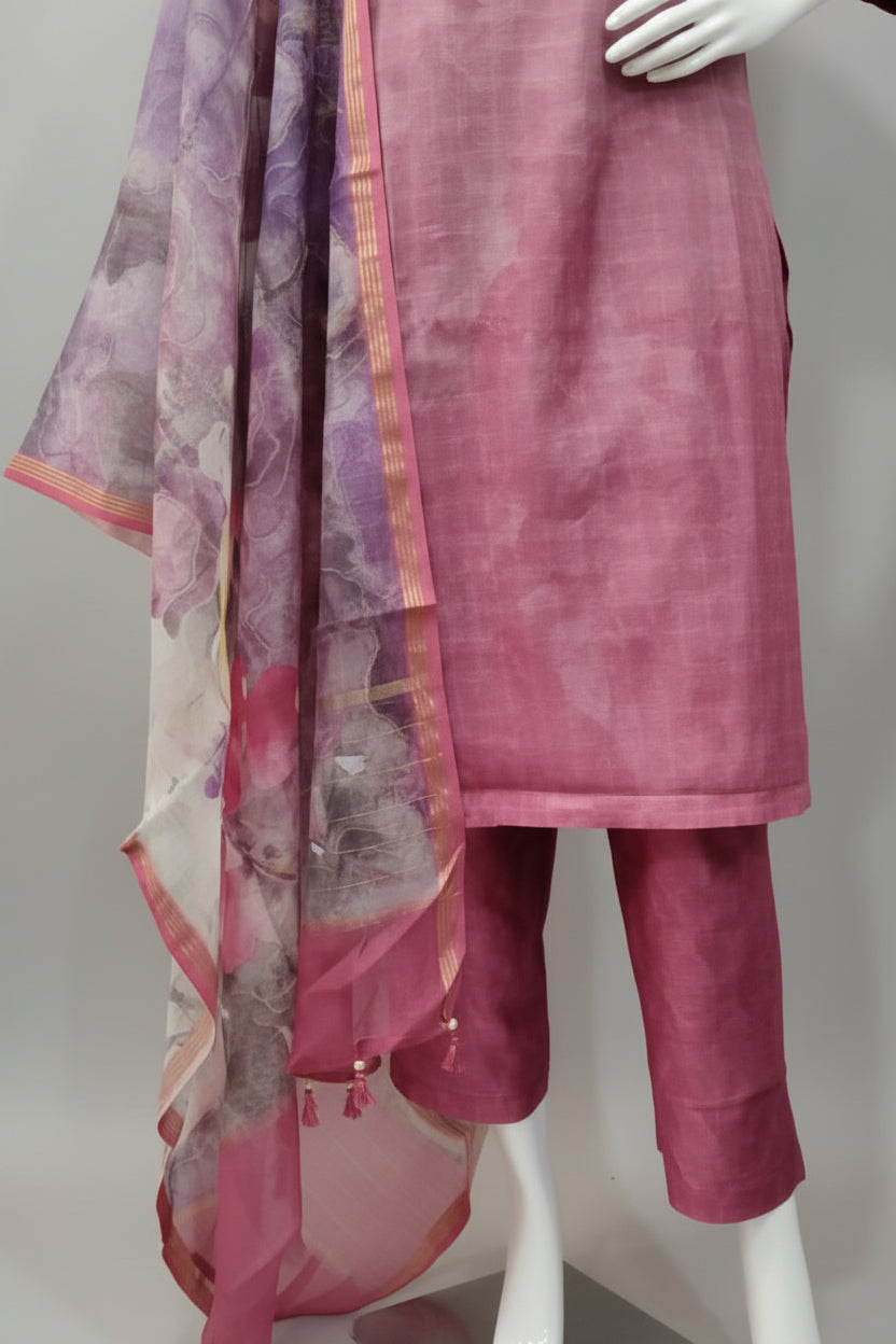 Dusty Rose & Mauve Contrast Yoke Kurta Set with Printed Organza Dupatta