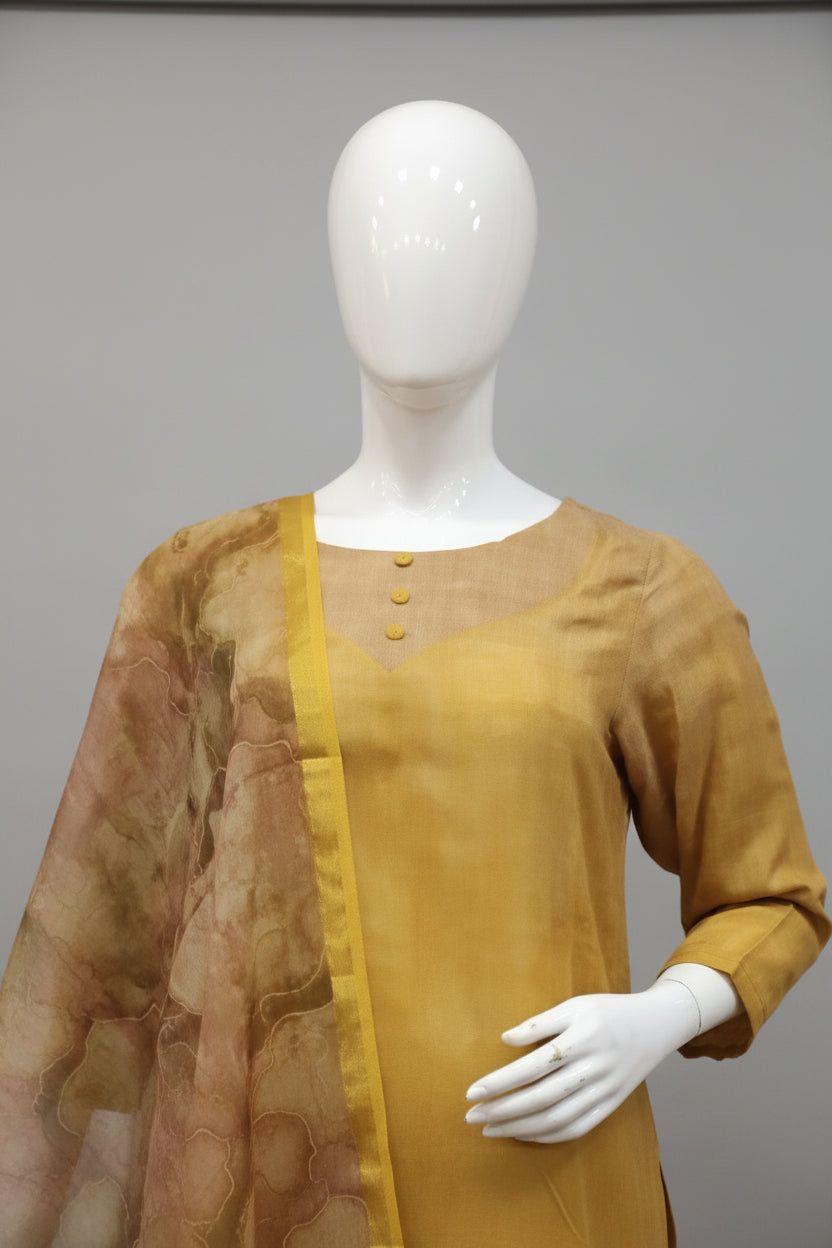 Mustard Yellow Plain Silk-Blend Kurta Set with Floral Printed Dupatta