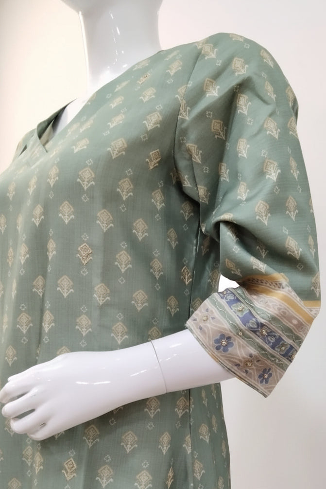 Sage Green Ethnic Motif Printed Silk-Blend Kurta Set with Printed Organza Dupatta