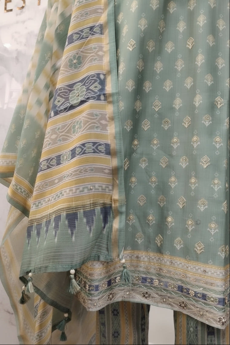 Sage Green Ethnic Motif Printed Silk-Blend Kurta Set with Printed Organza Dupatta