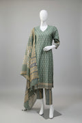 Sage Green Ethnic Motif Printed Silk-Blend Kurta Set with Printed Organza Dupatta