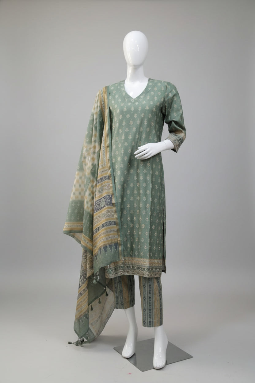 Sage Green Ethnic Motif Printed Silk-Blend Kurta Set with Printed Organza Dupatta