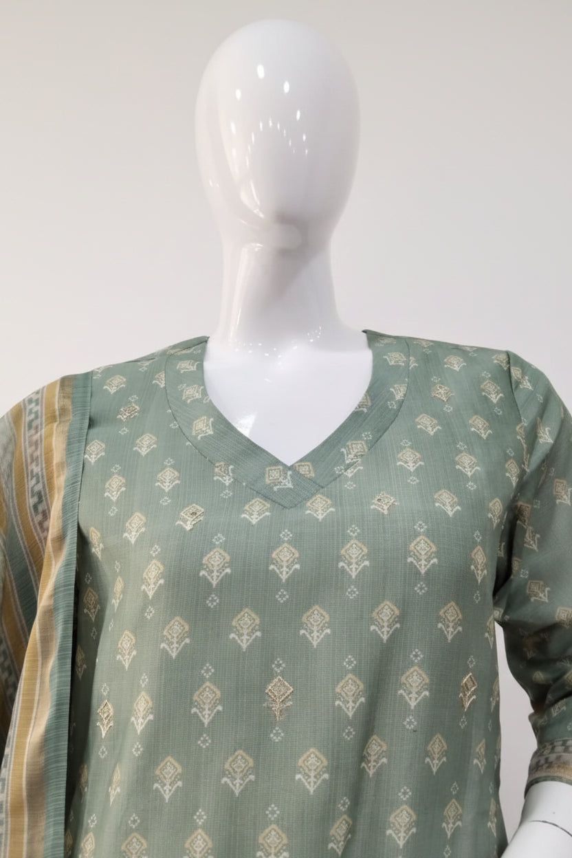 Sage Green Ethnic Motif Printed Silk-Blend Kurta Set with Printed Organza Dupatta