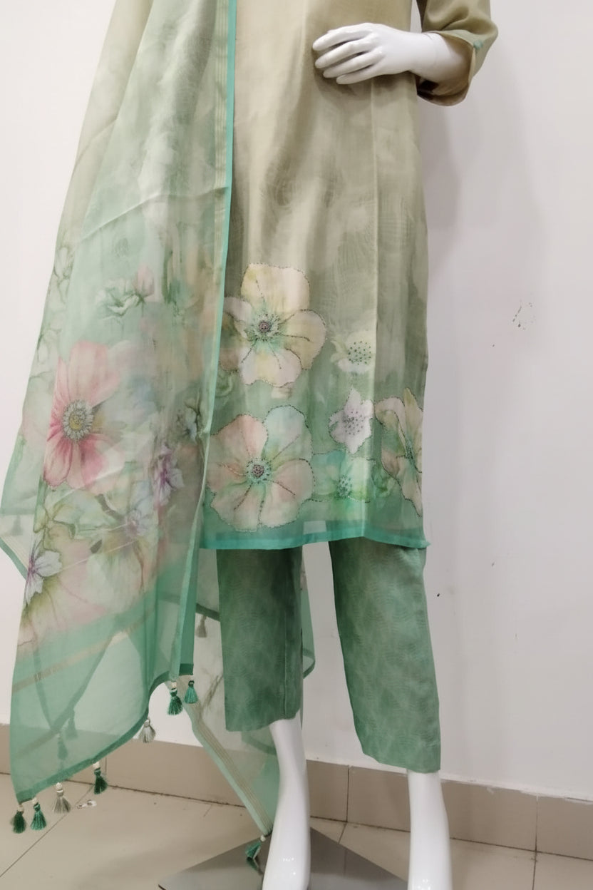 Sage Floral Hand-Highlighted 3-Piece Suit Set – Beige & Mint Green