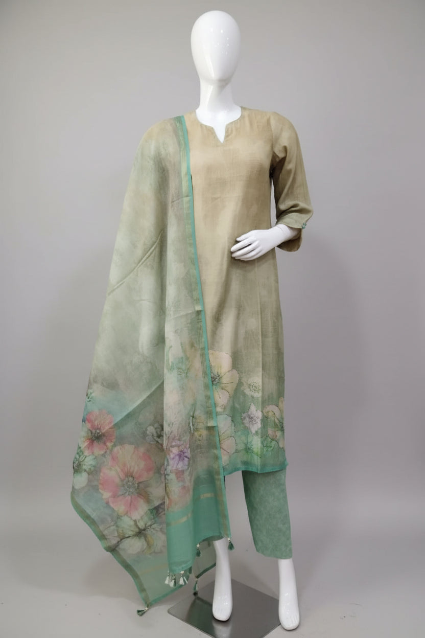 Sage Floral Hand-Highlighted 3-Piece Suit Set – Beige & Mint Green