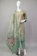 Sage Floral Hand-Highlighted 3-Piece Suit Set – Beige & Mint Green