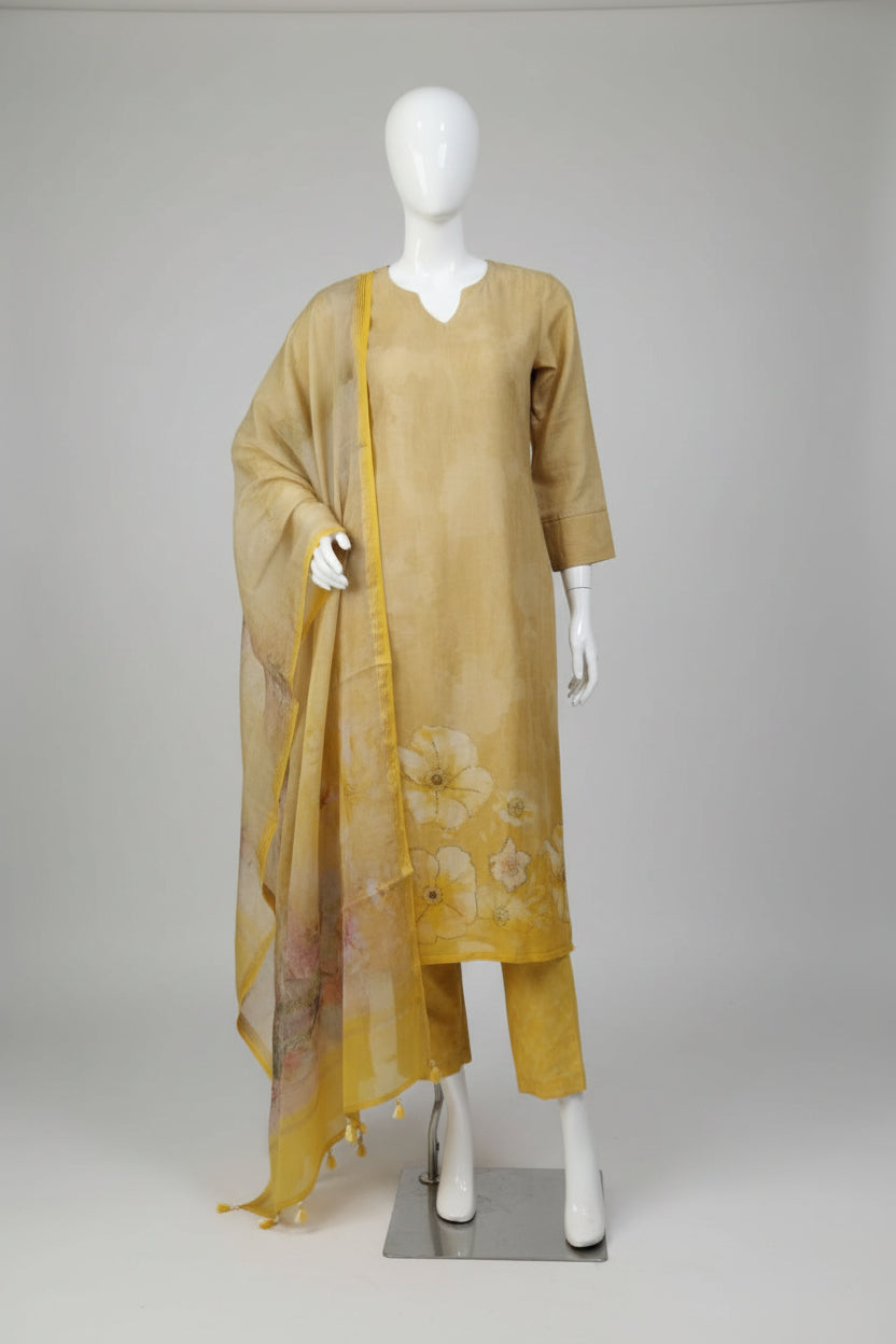 Sunshine Floral Hand-Embellished 3-Piece Suit Set – Mustard & Beige