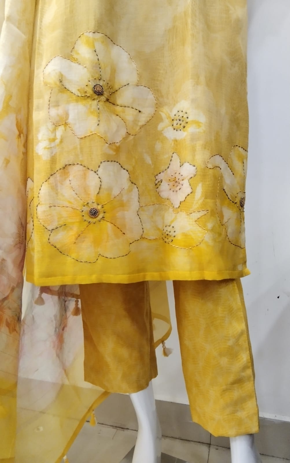 Sunshine Floral Hand-Embellished 3-Piece Suit Set – Mustard & Beige