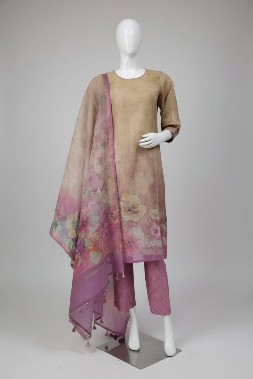 Blush Floral Hand-Highlighted 3-Piece Suit Set – Beige & Mauve