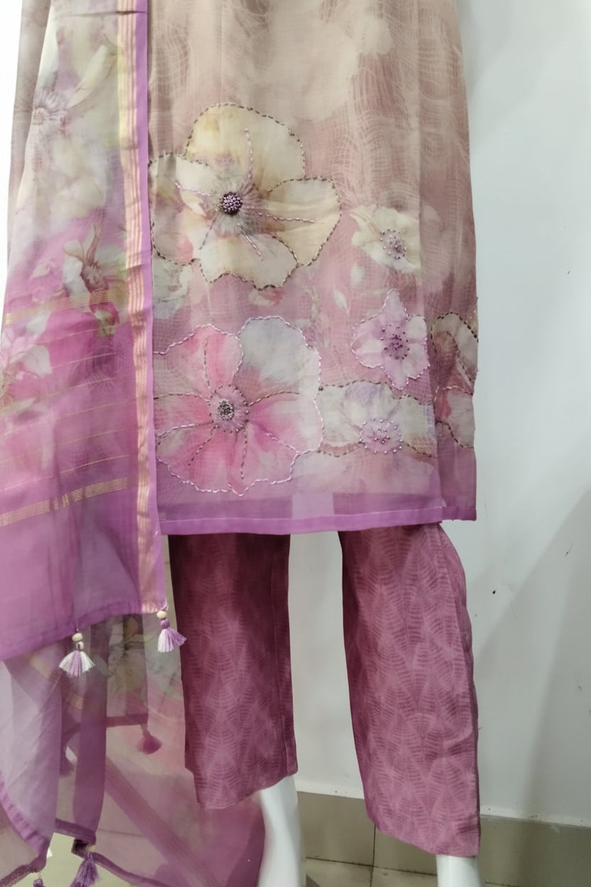 Blush Floral Hand-Highlighted 3-Piece Suit Set – Beige & Mauve