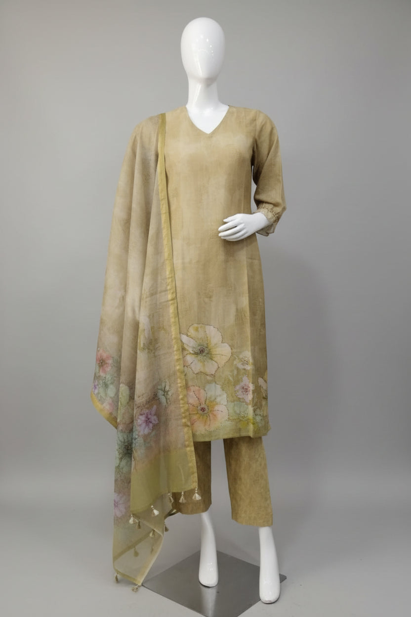 Botanical Elegance Printed 3-Piece Suit Set – Olive Gold