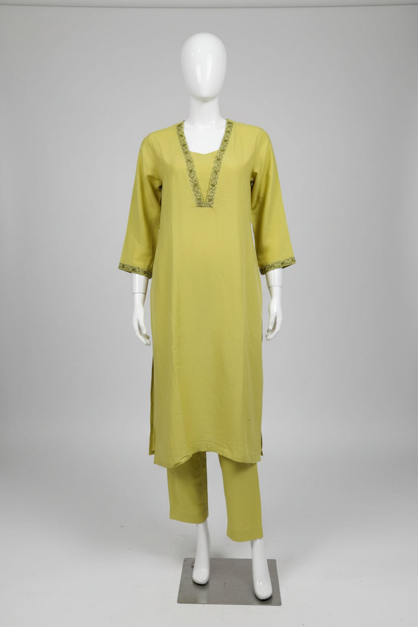 Lime Green Hand-Embroidered Linen Cotton Suit Set