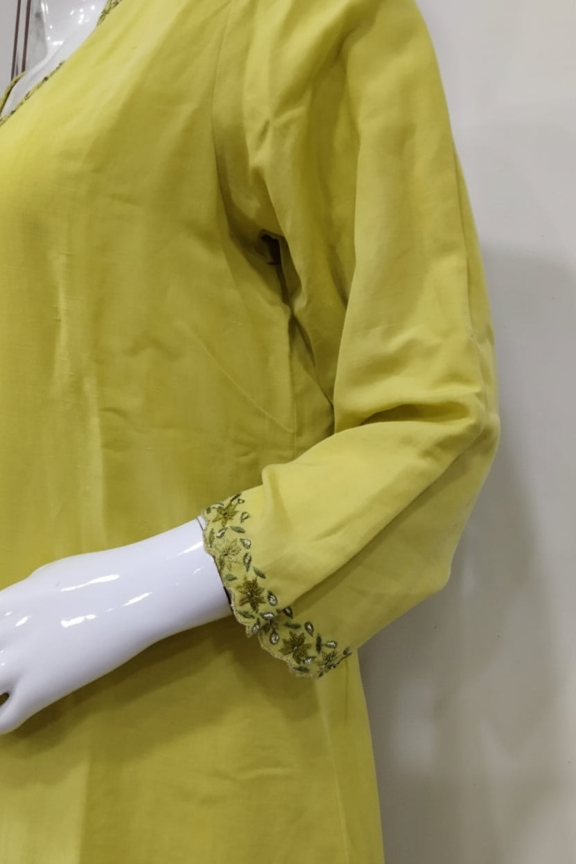 Lime Green Hand-Embroidered Linen Cotton Suit Set