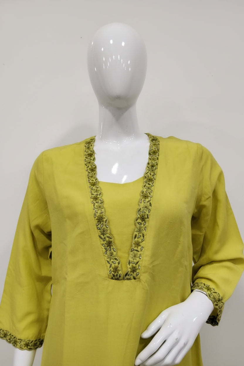 Lime Green Hand-Embroidered Linen Cotton Suit Set