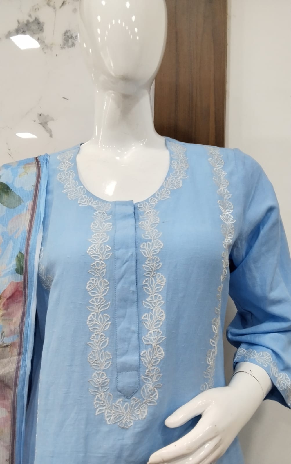 Sky Blue Schiffli-Style Embroidered Linen Cotton Suit Set with Floral Digital Printed Dupatta