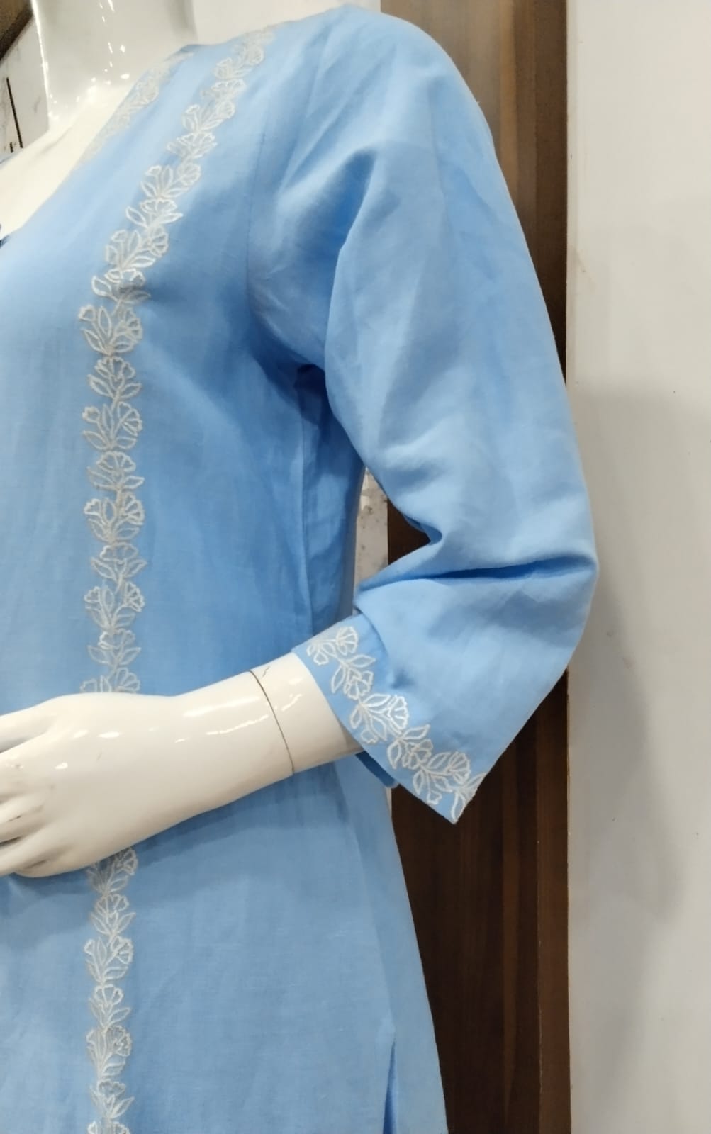 Sky Blue Schiffli-Style Embroidered Linen Cotton Suit Set with Floral Digital Printed Dupatta