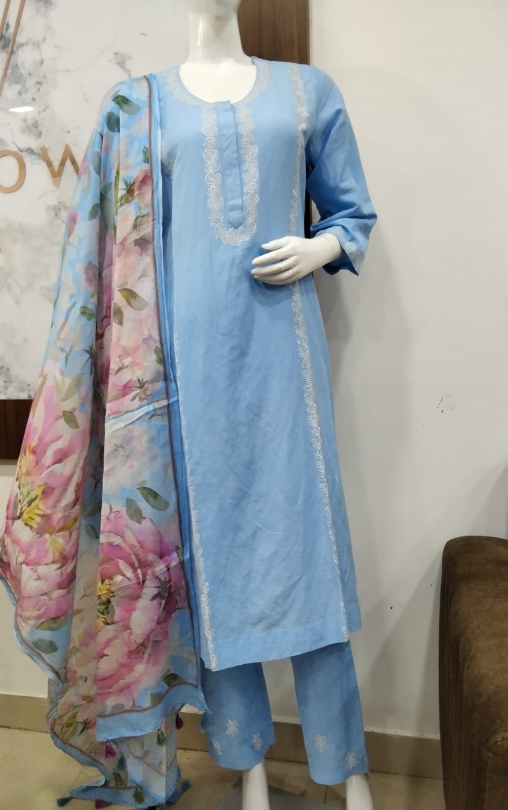 Sky Blue Schiffli-Style Embroidered Linen Cotton Suit Set with Floral Digital Printed Dupatta