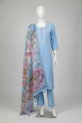 Sky Blue Schiffli-Style Embroidered Linen Cotton Suit Set with Floral Digital Printed Dupatta