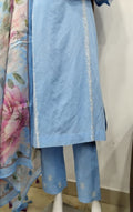 Sky Blue Schiffli-Style Embroidered Linen Cotton Suit Set with Floral Digital Printed Dupatta