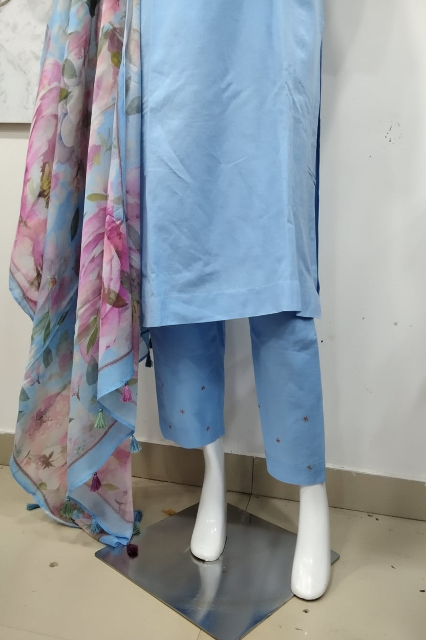Powder Blue Embroidered Linen Cotton Suit Set with Floral Digital Printed Dupatta