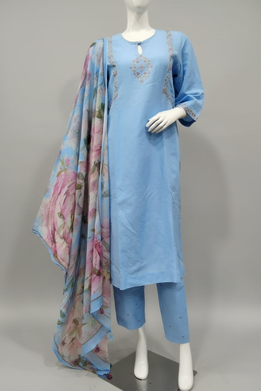 Powder Blue Embroidered Linen Cotton Suit Set with Floral Digital Printed Dupatta