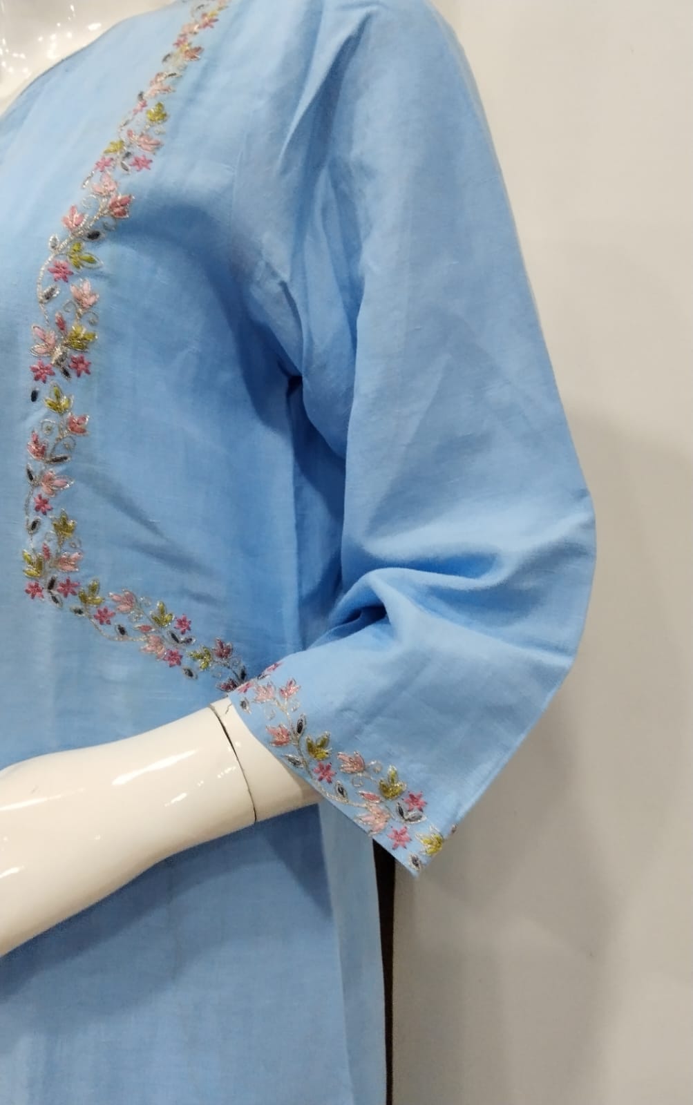 Powder Blue Embroidered Linen Cotton Suit Set with Floral Digital Printed Dupatta