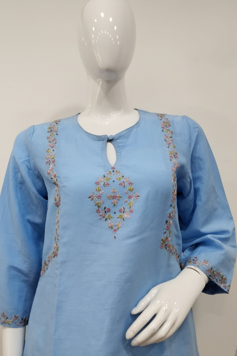 Powder Blue Embroidered Linen Cotton Suit Set with Floral Digital Printed Dupatta