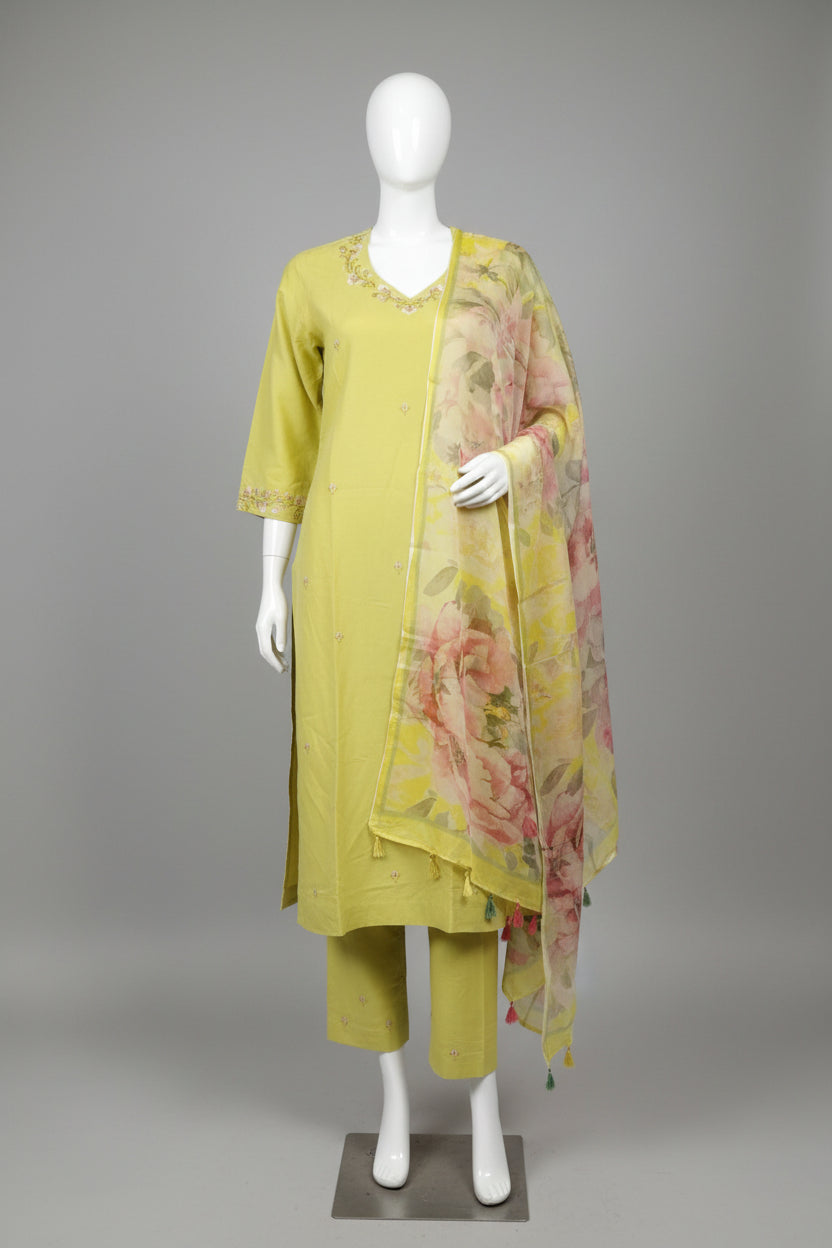 Lime Green Embroidered Linen Cotton Suit Set with Floral Digital Printed Dupatta