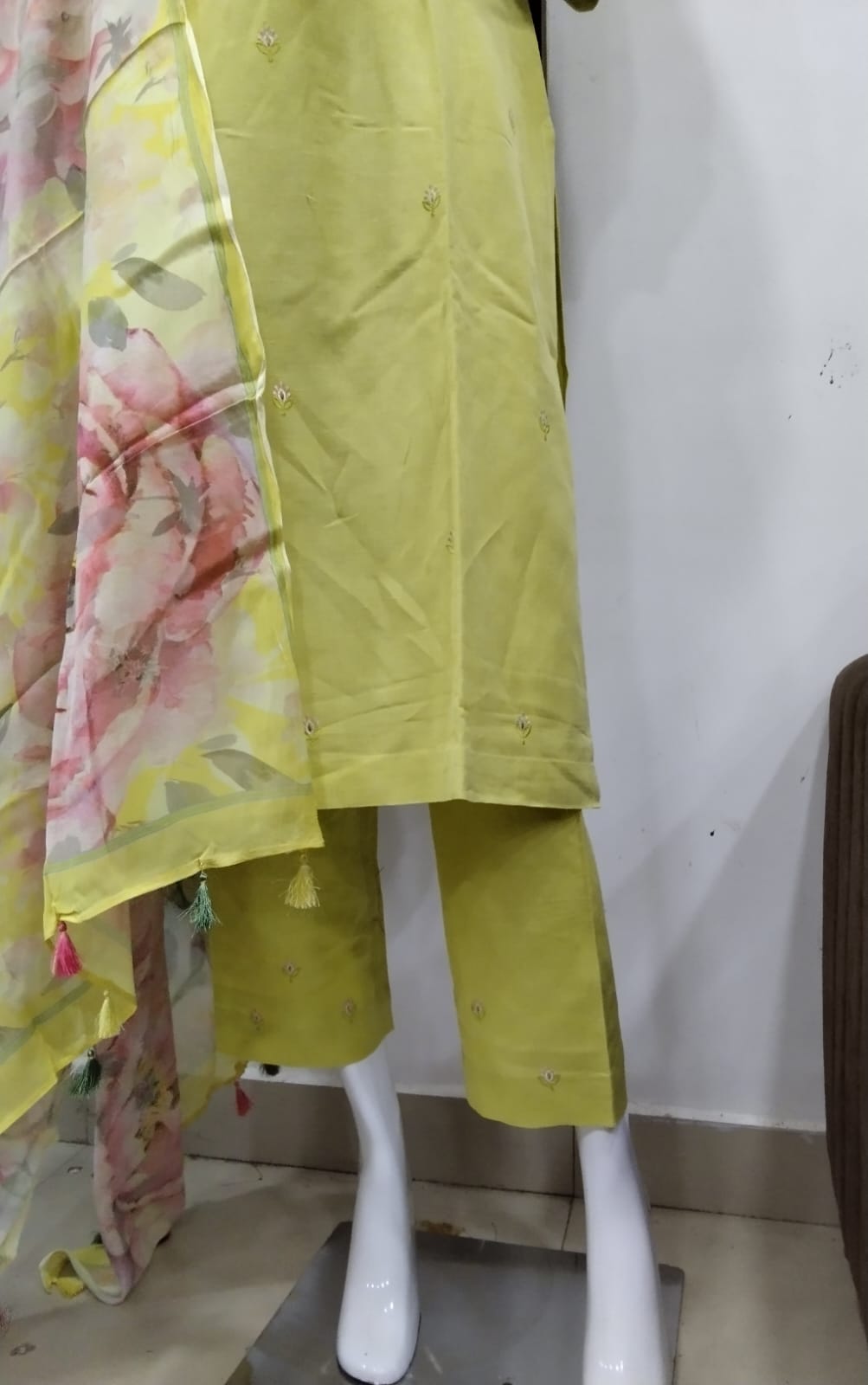 Lime Green Embroidered Linen Cotton Suit Set with Floral Digital Printed Dupatta