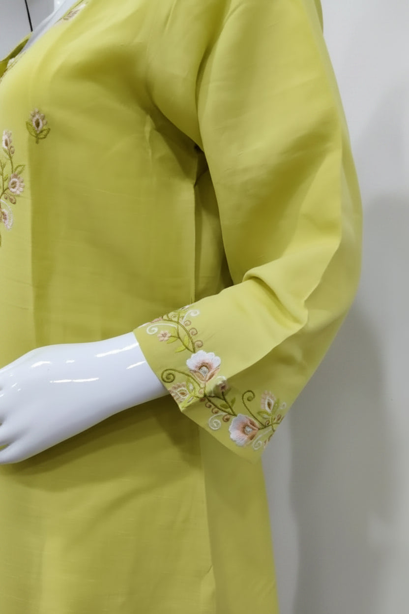 Lime Green Embroidered Linen Cotton Suit Set with Floral Digital Printed Dupatta