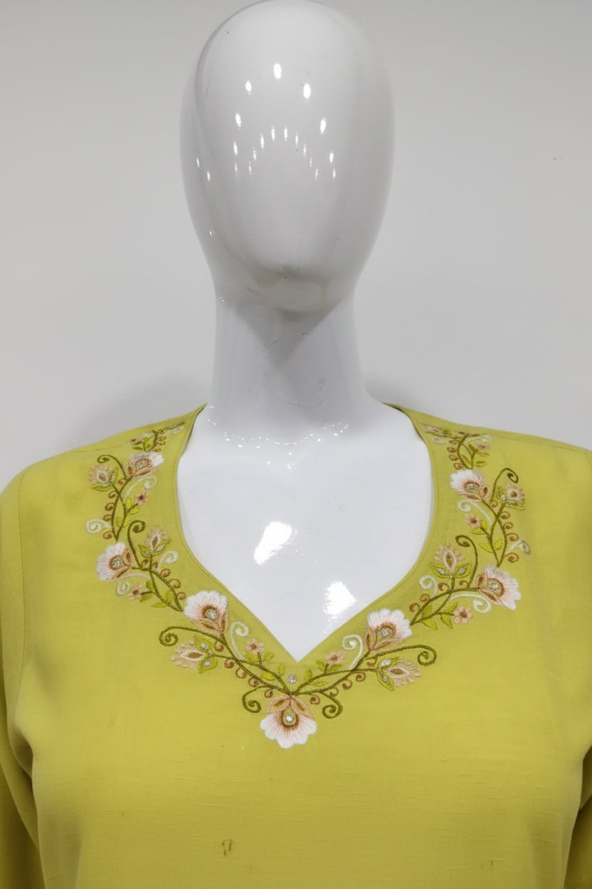 Lime Green Embroidered Linen Cotton Suit Set with Floral Digital Printed Dupatta