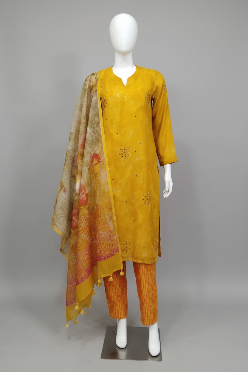 Sunshine Yellow Hand-Embroidered Mull Chanderi Suit Set