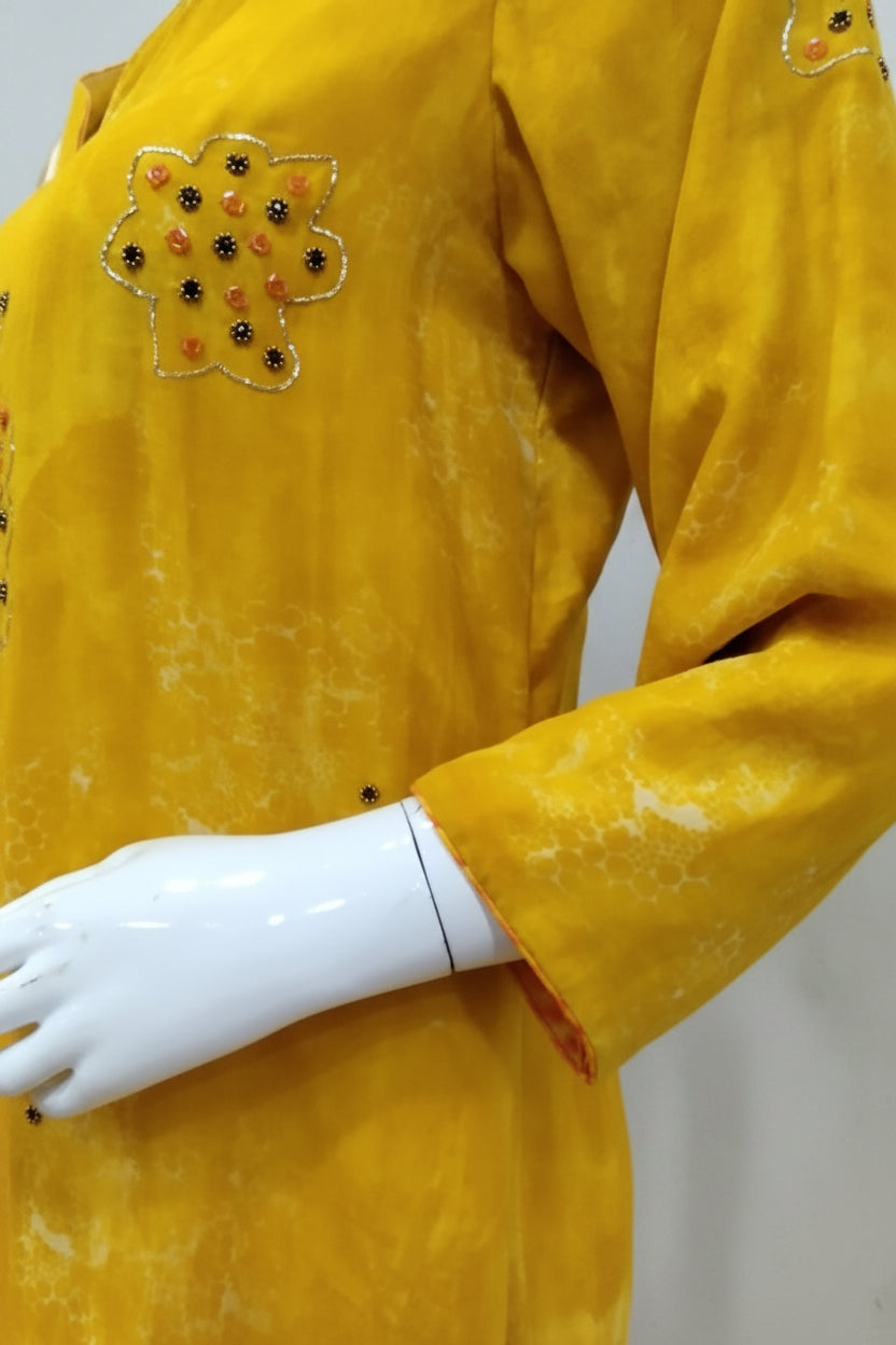 Sunshine Yellow Hand-Embroidered Mull Chanderi Suit Set